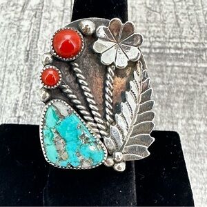 Vintage Native American Kingman Turquoise Coral Floral Leaf Sterling Ring Sz 7.5